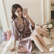 Sexy pajamas womens summer short-sleeved Japanese retro lace-up gowns thin ice silk long bathrobe home wear