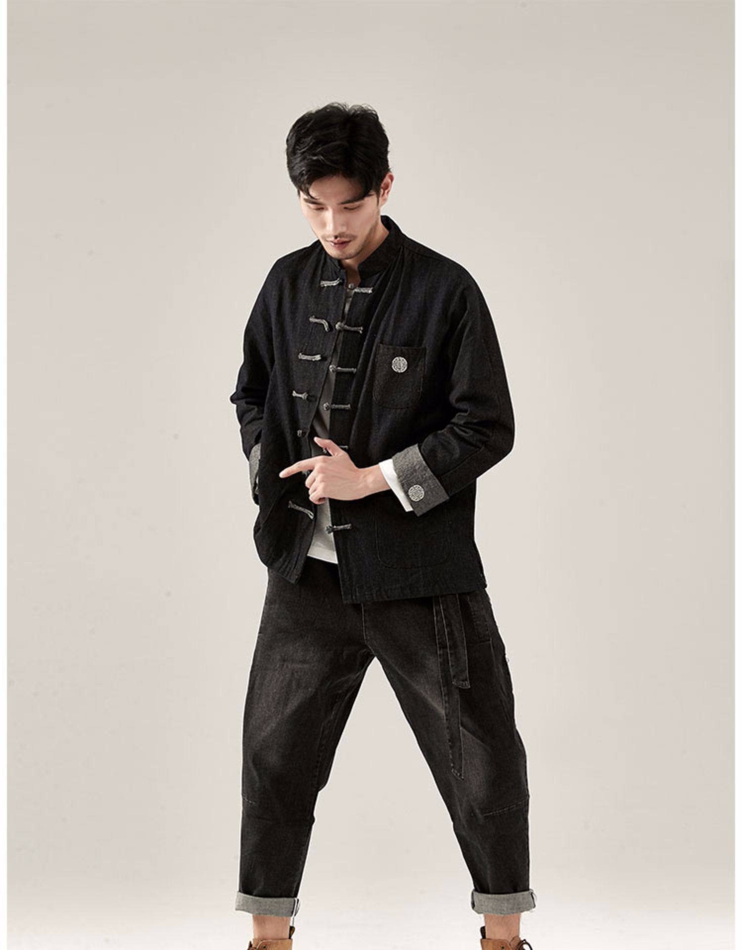 中国风外套男牛仔夹克唐装男青年盘扣复古中山中式上衣改良汉服潮夹克