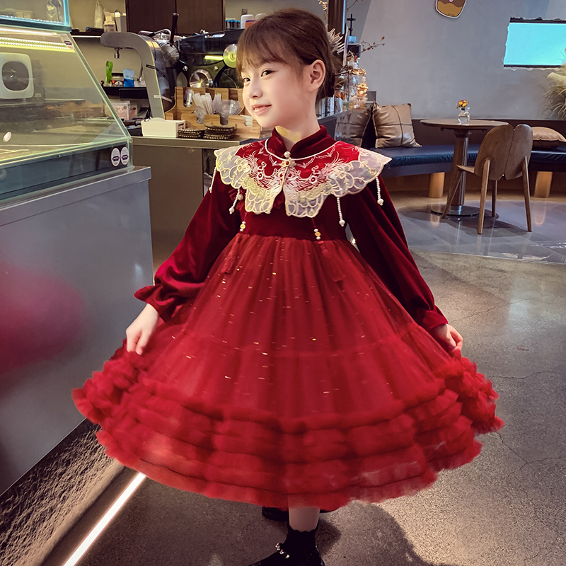 Girl Gush Dress Dress Winter Dress 2023 New Ocean Qi Children Velvet Mesh Veil Princess Nepotism Dress Girl New Year Dress-Taobao