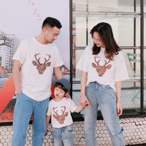 A family of three deer head patch short-sleeved 2021 summer parent-child Korean version loose T-shirt mother-daughter father-son top tide