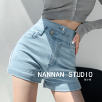 Leg fine girl with high curbside a character denim hot pants European and American sexy elastic wrap hip double waist a pair of shorts with a long leg