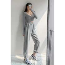 Original Hot Sister Wind Fried Street Sports Pants Women Grey Loose Rope bunches Pants Spring Summer High Waist Display Slim Straight Drum Pants