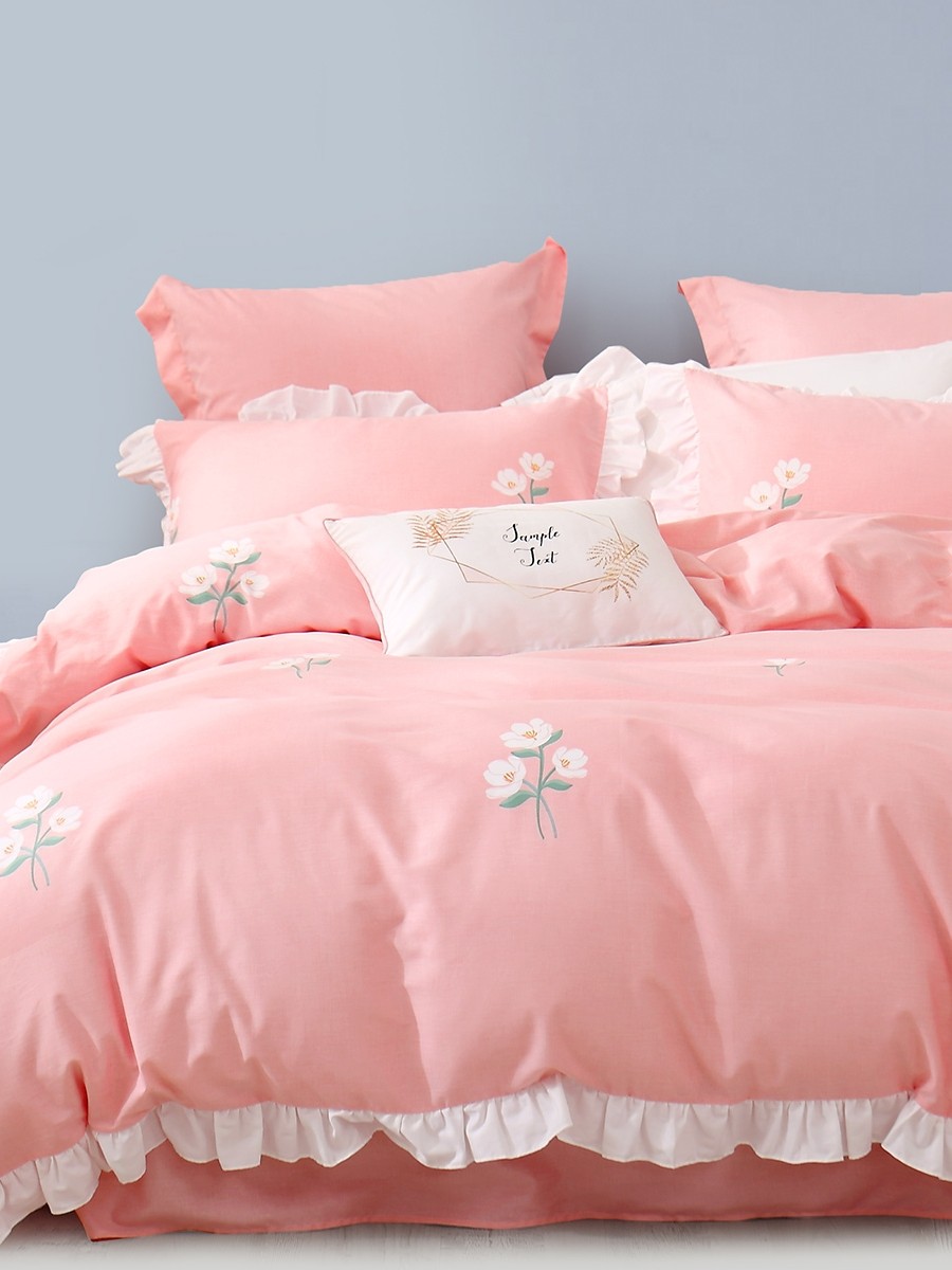 水星家纺 全棉少女心公主风粉色四件套