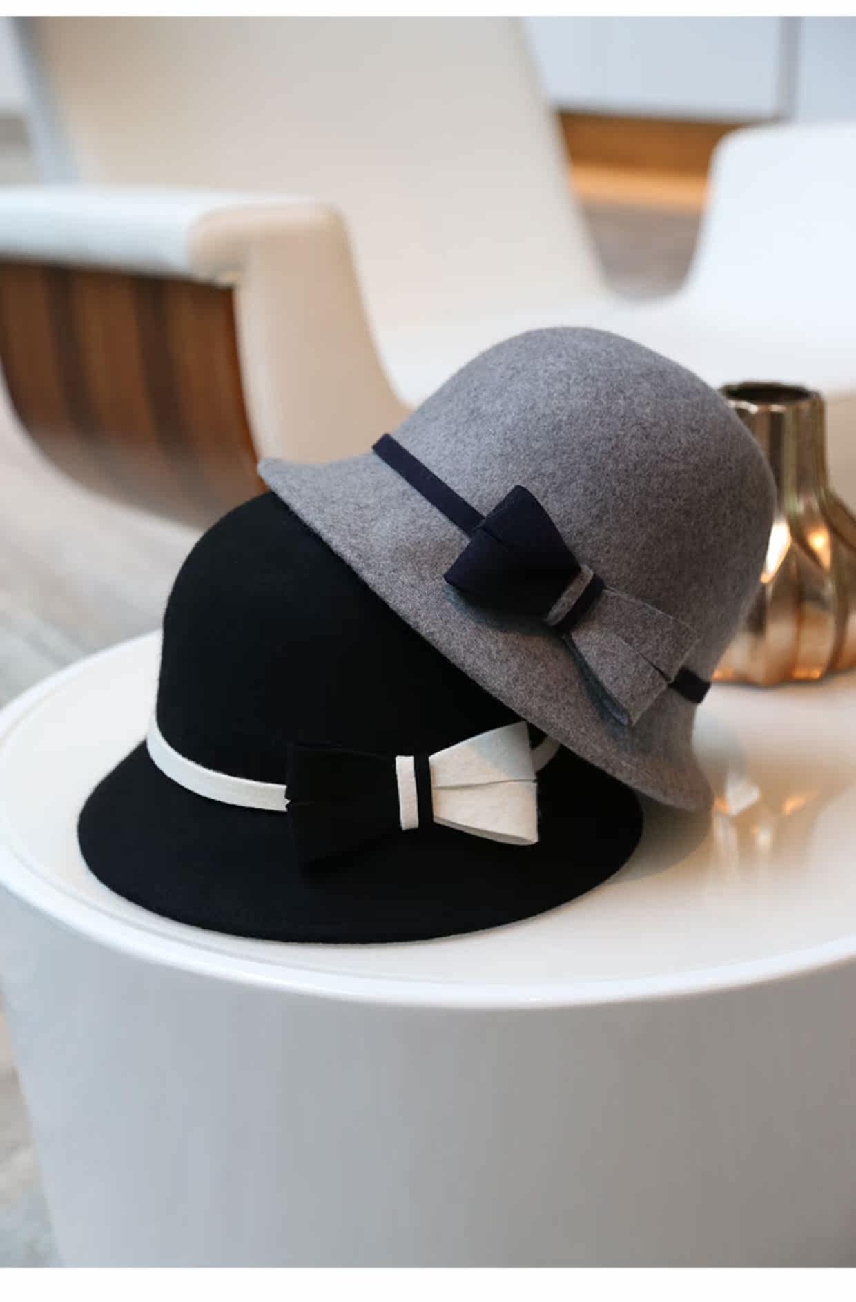 秋冬羊毛礼帽女士经典英伦风优雅小沿盆帽拼色蝴蝶结保暖渔夫帽子
