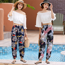Large size cotton silk pajama pants womens summer artificial cotton thin cotton cotton cotton cotton cotton cotton silk silk trousers can be worn outside mosquito pants holiday beach trousers