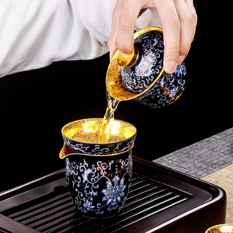 Artisan fairy gold tea set tureen cup pure manual household ceramics kung fu tea set a complete set of high - end gift box