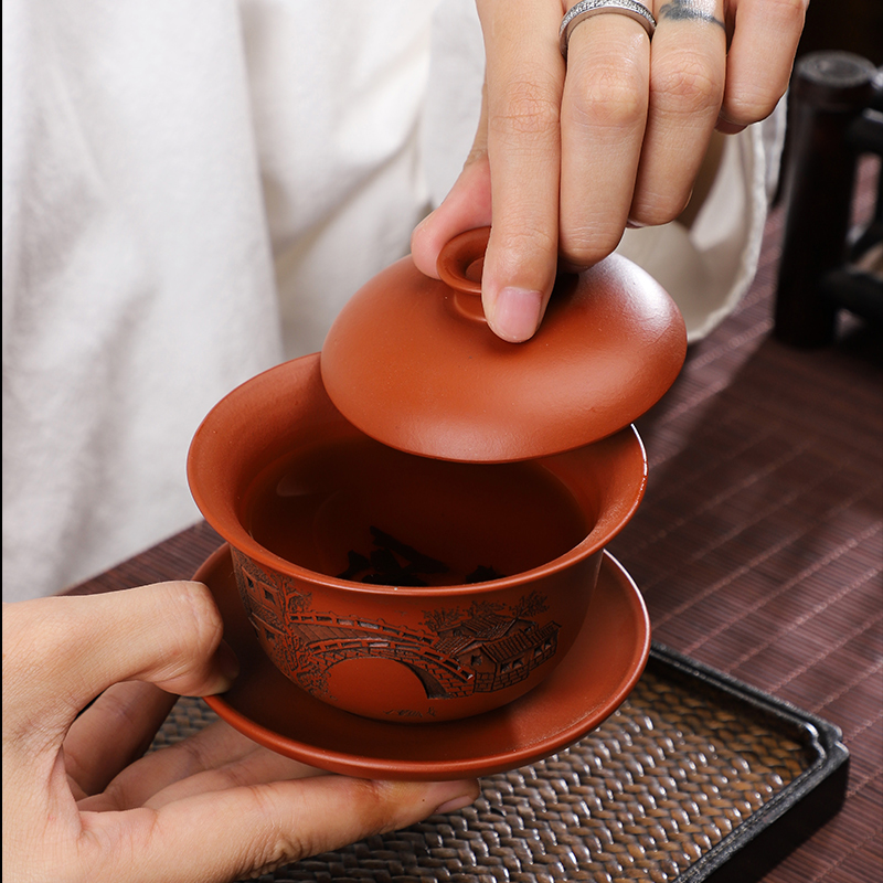 Artisan fairy Bridges violet arenaceous only three tureen ceramic cups household pure manual kung fu tea tea bowl