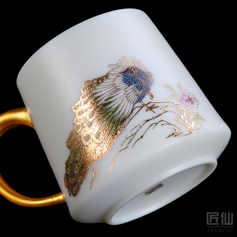 Pure hand - made dehua white porcelain cup home office ceramic paint with cover with to split the hot tea tea cup