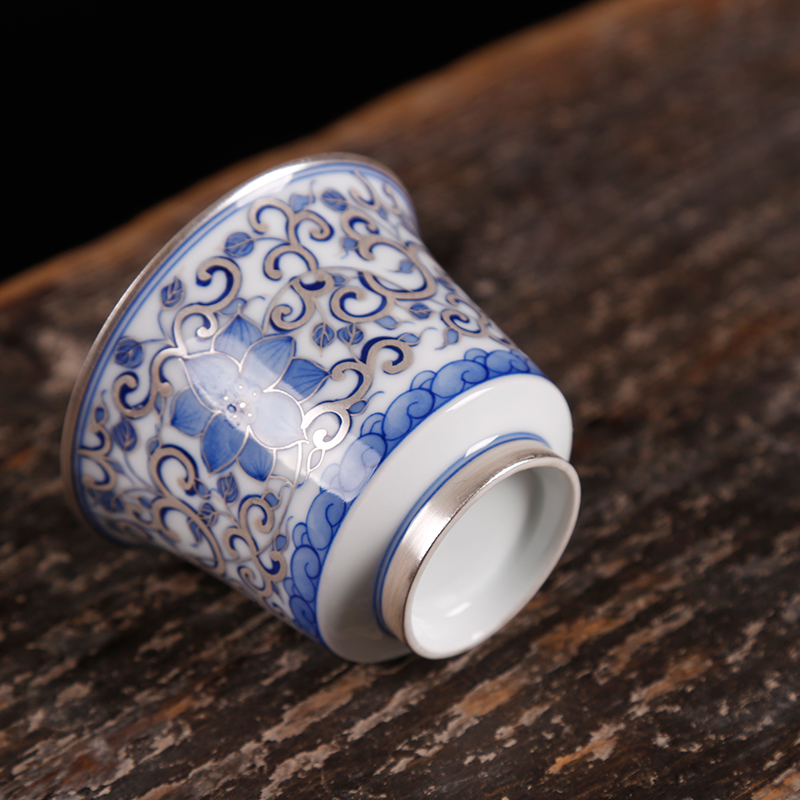 The ancient silver cup pure manual coppering. As sheng up 999 sterling silver master cup with silver blue cup of jingdezhen ceramic cup