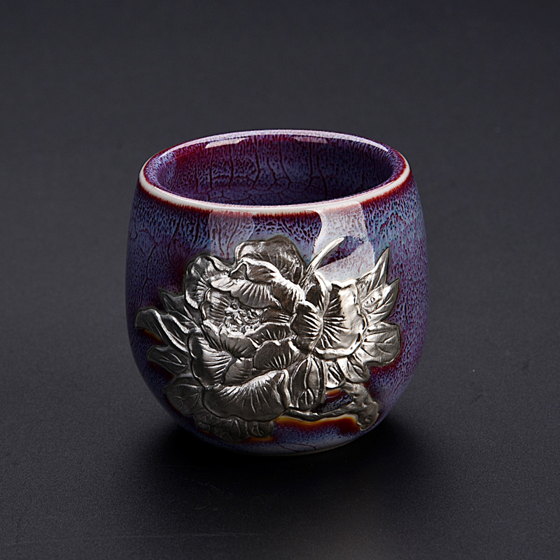 Ancient new riches and honor peony jun sheng up with silver sterling silver checking tea cup kung fu master CPU