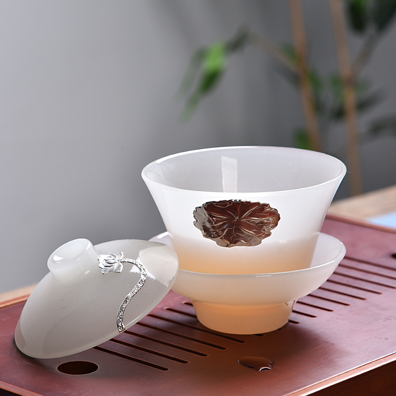 Ancient shing new jade white jade porcelain up set silver tureen tea cup set thickening heat - resistant sample tea cup of tea