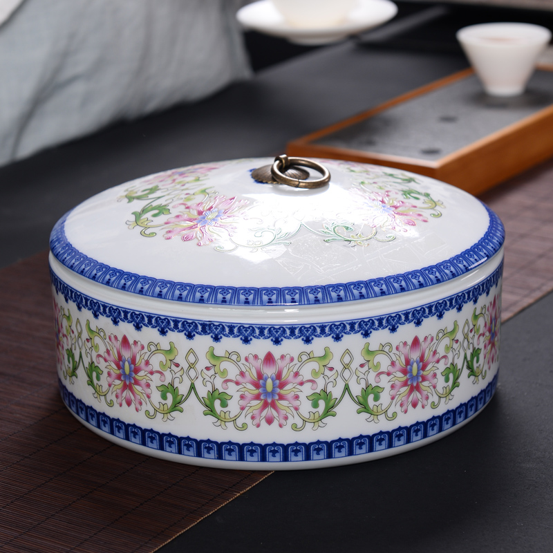 Blue and white porcelain tea caddy fixings puer tea tea cake tin box household caddy fixings ceramic seal pot store tea POTS and tea