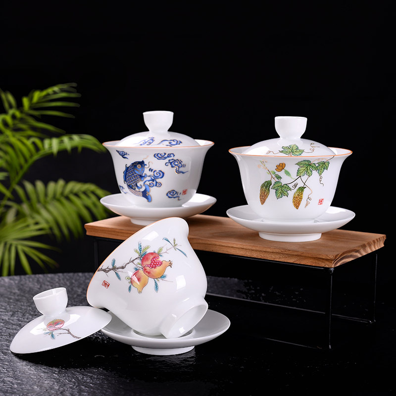Jingdezhen blue and white only three tureen kung fu tea cups big bowl tea light household worship white porcelain tea cups