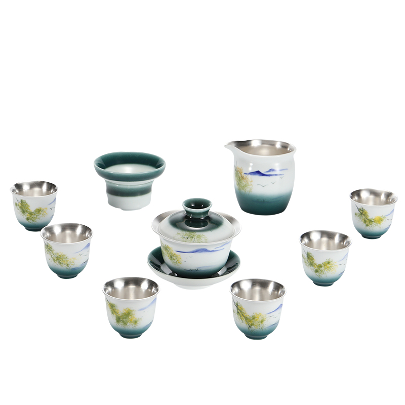 Hand - made ink silver tea set suit tasted silver gilding ceramic up kung fu tea set suit household gift box lid bowl