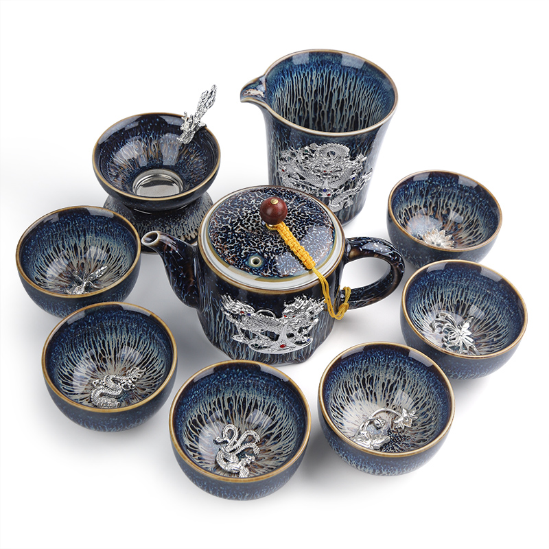 Kung fu tea set suit household up temmoku glaze up of a complete set of Chinese ceramic cup lid bowl masterpieces