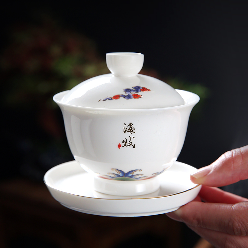 Dehua white porcelain kung fu tea set suit household contracted suet jade porcelain lid bowl of high - grade tea set with a gift
