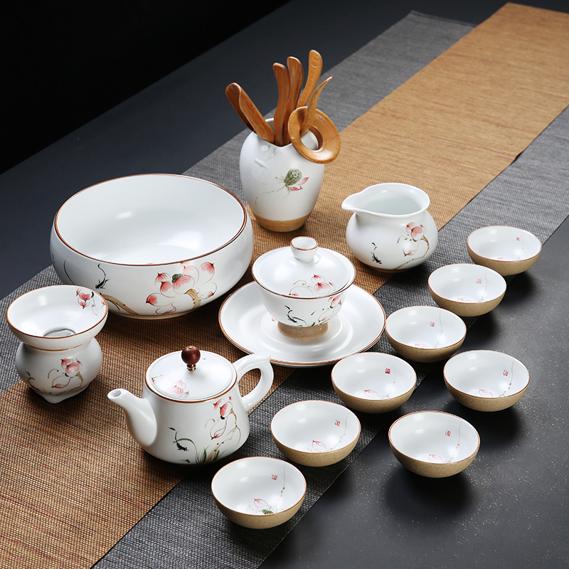 Dehua kung fu tea set suit household contracted 6 only hand - made ceramic cup lid bowl of tea set