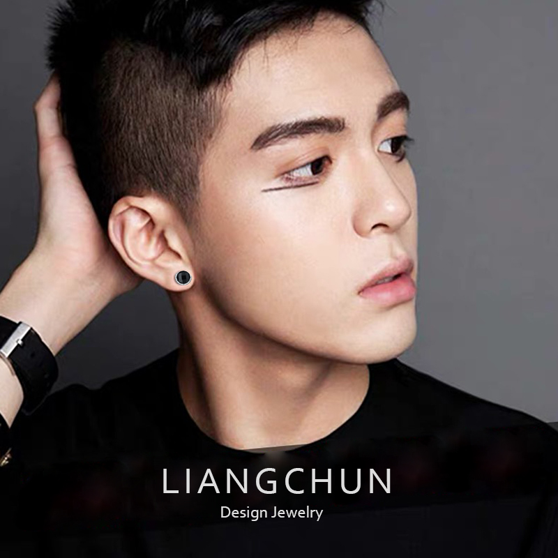 纯银男士耳钉男生单只黑色男款耳环