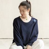 (Discretionary wine) long-sleeved T-shirt female cotton knitted embroidered round neck jacket loose sweater