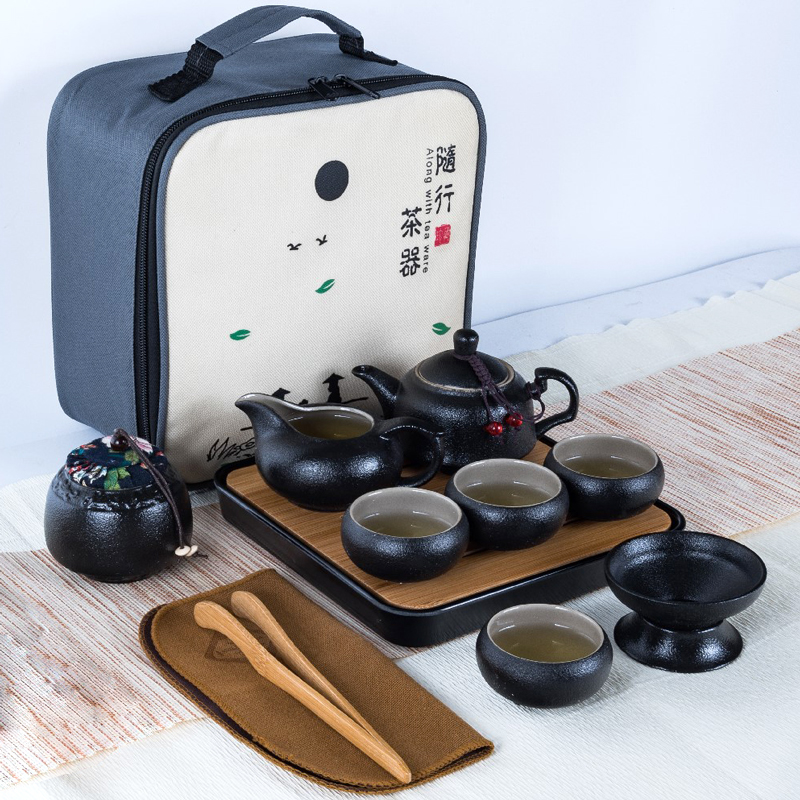 Travel tea sets portable ceramic household contracted kung fu outdoors Travel bag, black pottery teapot tea cup