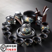 Black pottery Kung Fu tea set Japanese retro Zen style side handle pot bearing household simple blue and white ceramic cover bowl teacup set