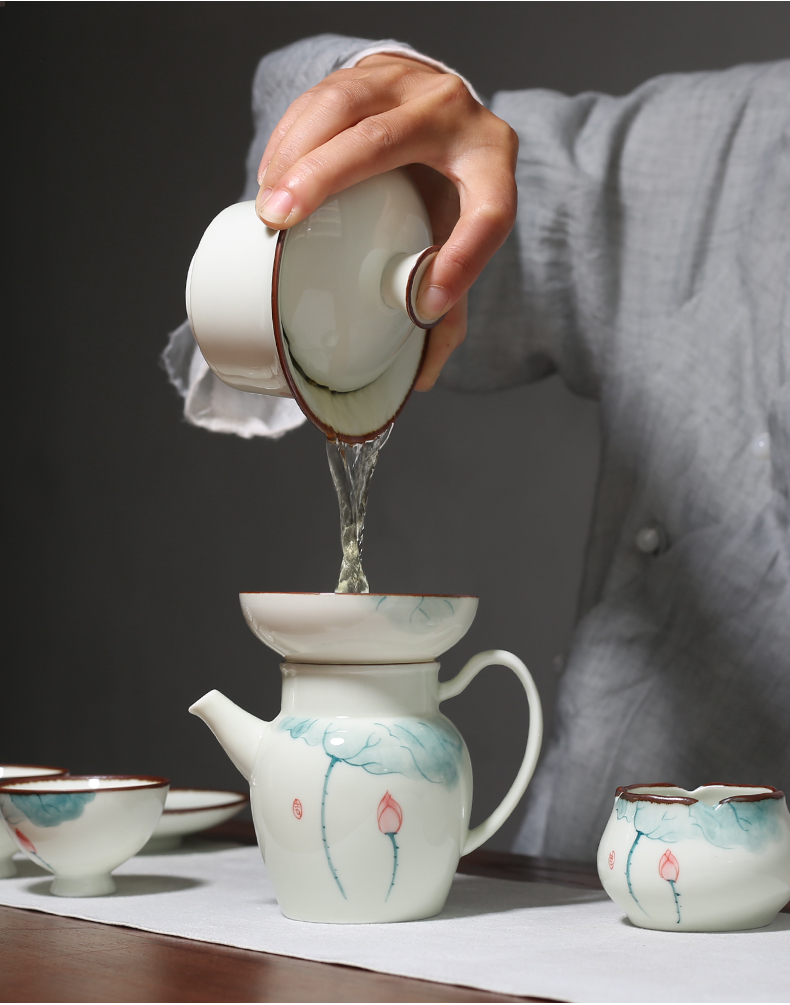 手绘荷花三才盖碗茶具套装小清新功夫套组礼盒装陶瓷