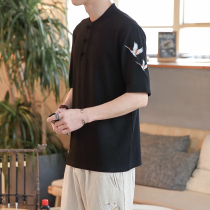 Chinese style Tang costume vintage embroidered linen T-shirt men summer Chinese style Hanfu cotton linen short-sleeved youth Zen clothing