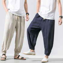 Chinese style vintage cotton mens pants summer thin tie pants loose small feet mens linen casual pants men