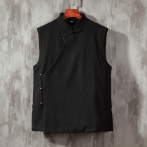 Chinese style plus velvet padded winter cotton linen mens retro style Chinese linen jacket sleeveless horse jacket