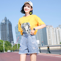 Hole denim shorts womens high waist summer New loose thin students Joker elastic waist a-shaped wide leg ins hot pants