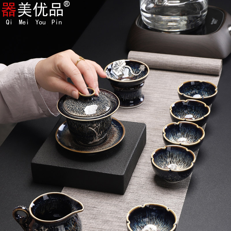 Jingdezhen is the best tea with high temperature fire color ceramic kung fu tea set up built lamp tureen three bowls