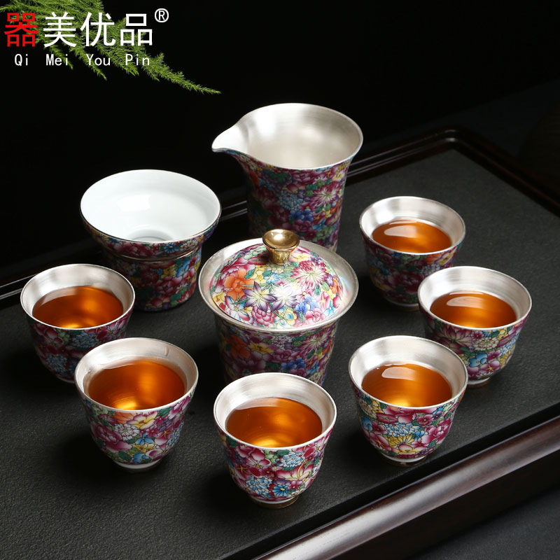 Implement the superior jingdezhen colored enamel kung fu tea set coppering. As silver teapot Chinese style household contracted a complete set of tea service