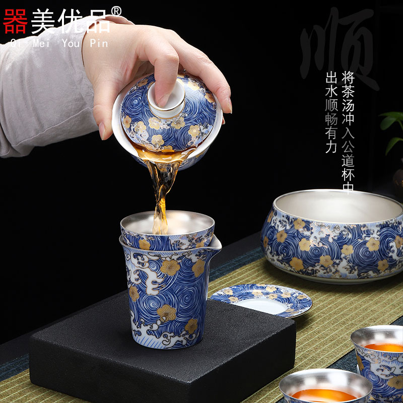 Implement the optimal product kung fu tea set colored enamel coppering. As silver tureen small of a complete set of ceramic tea cups to wash the teapot cup mat