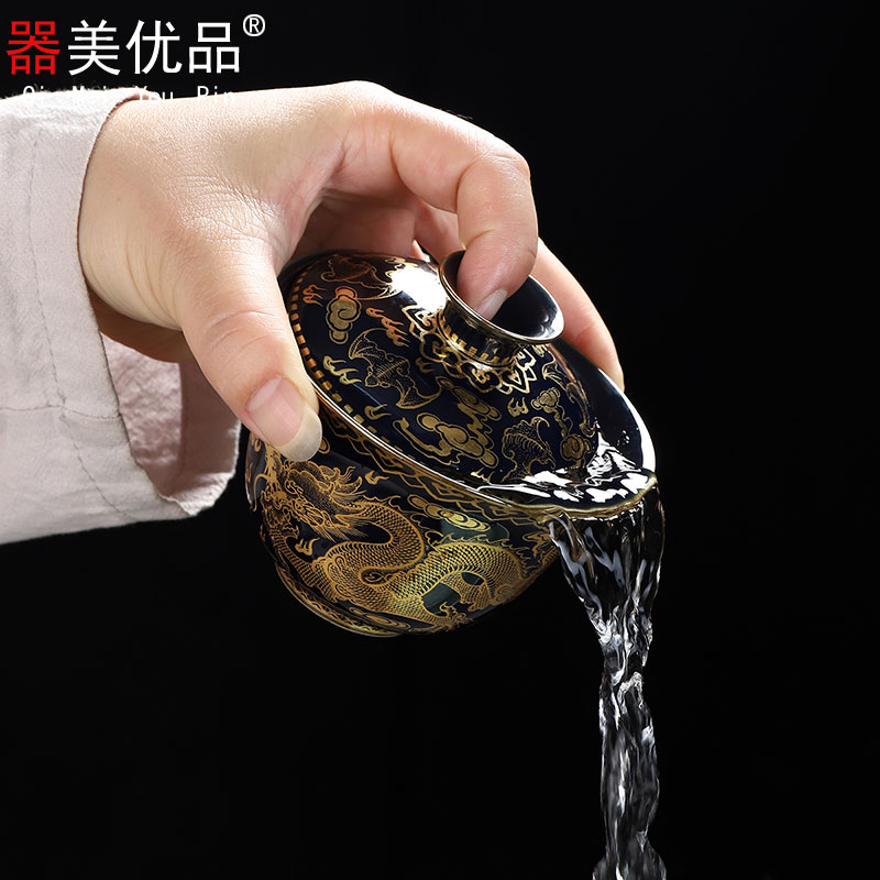 Implement the optimal product of jingdezhen ceramic checking hand - made of gold and silver tureen large three bowl of tea only worship cups