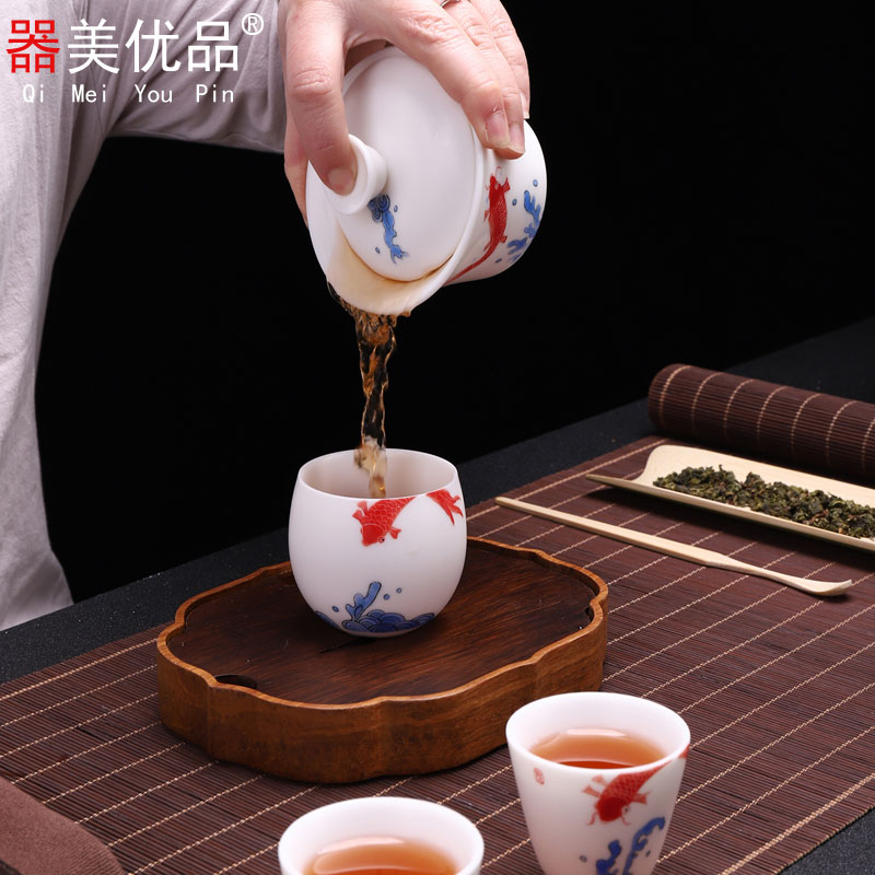 Implement the optimal character turn white porcelain hand - made kung fu tea set suit portable travel tea set manual ceramic cups tureen