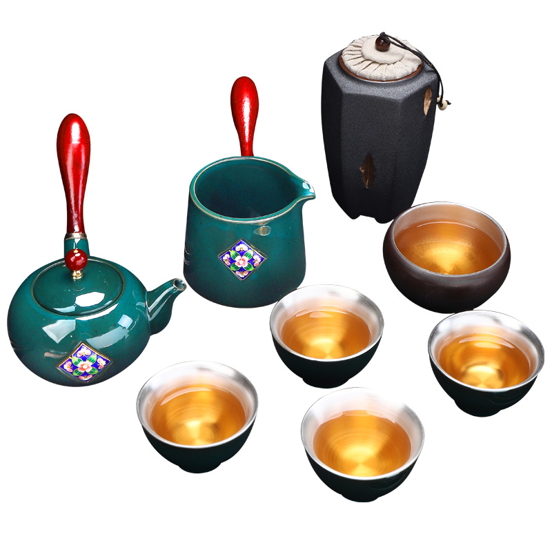 Implement the superior new silver tea set sterling silver 999 from the household of a complete set of manual tasted silver gilding ceramic cups