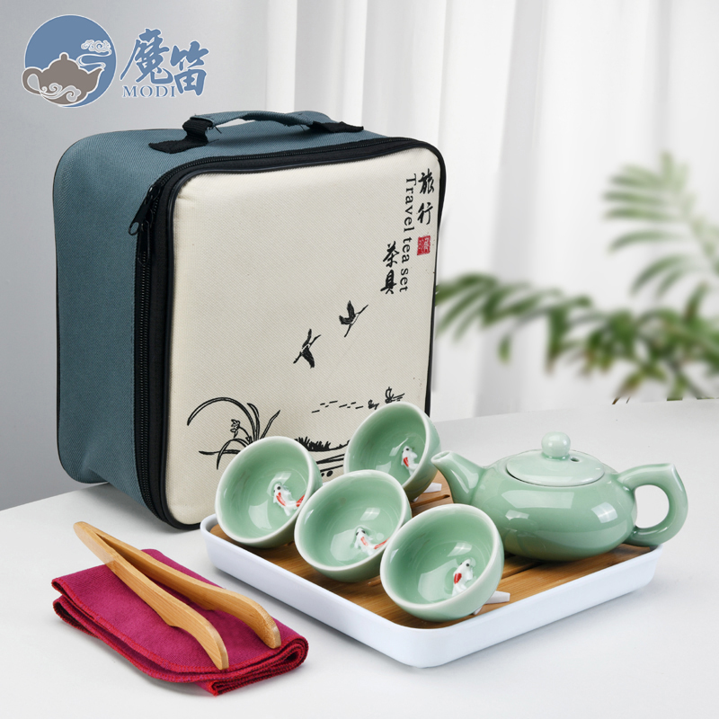 Travel the flute ceramic tea set suit portable package household contracted Japanese office teapot is suing tea tray cups