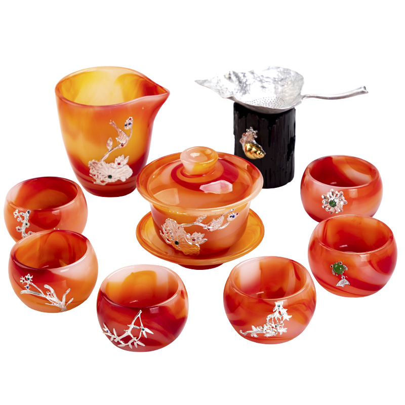 F belong with silver agate jade porcelain kung fu tea set creative "bodhi GaiWanCha sea cups household gift box