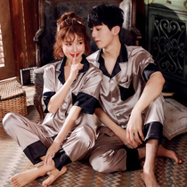 Couple pajamas womens summer ice silk 2021 new short sleeve mens Spring and Autumn Silk home clothes two-piece suit