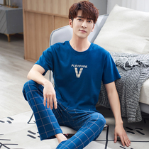Pure cotton sleepwear male summer thin short sleeves Long pants full-length pants All cotton men Youth Korean version Large code Summer home Suits Suit
