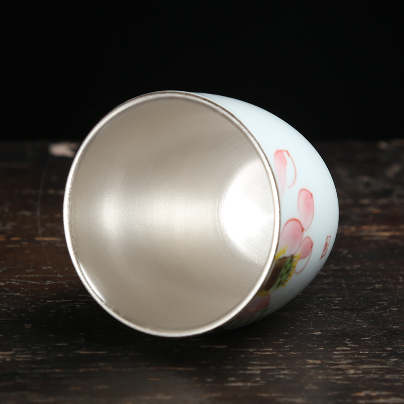 Jingdezhen ceramic checking hand - made teacup silver cup silver 999 authentic kung fu tea tasted silver gilding sample tea cup