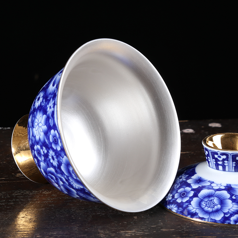 Jingdezhen porcelain enamel craft coppering. As silver tureen sterling silver 999 kung fu tea tea bowl three cups