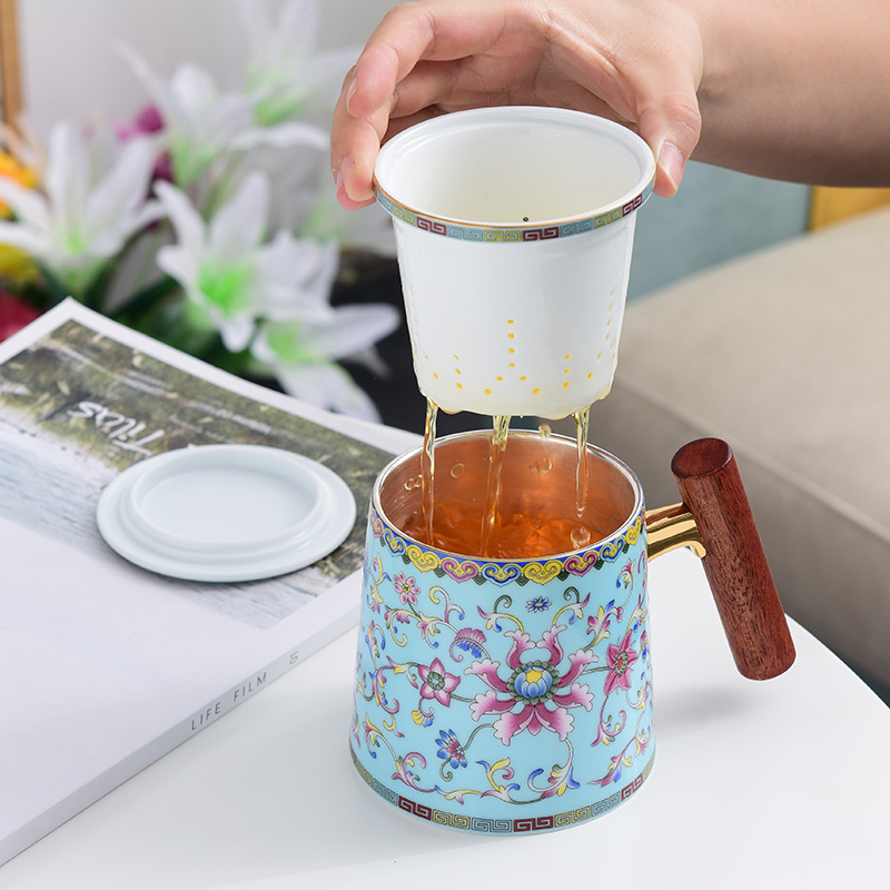 Jingdezhen colored enamel cup silver cup 999 sterling silver tea cups male ms office separation filter cup