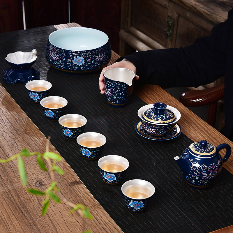 Jingdezhen tasted silver tea set silver gilding household kung fu tea tea pot lid bowl of a complete set of office gift boxes