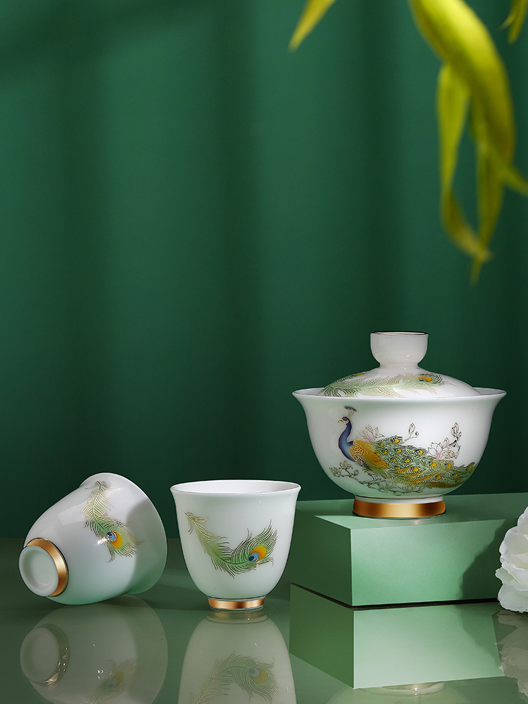 Dehua suet jade white porcelain tea set gift box home office colored enamel kung fu tea cup high - grade tea tureen