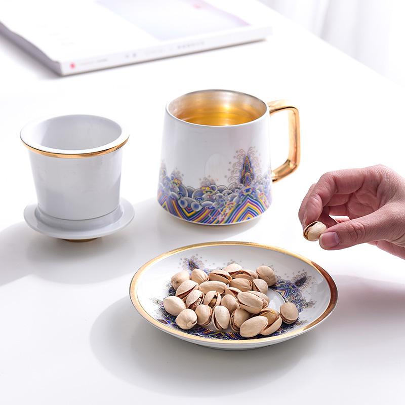 Jingdezhen porcelain enamel cup silver cup 999 sterling silver cup with cover office carry handle cup