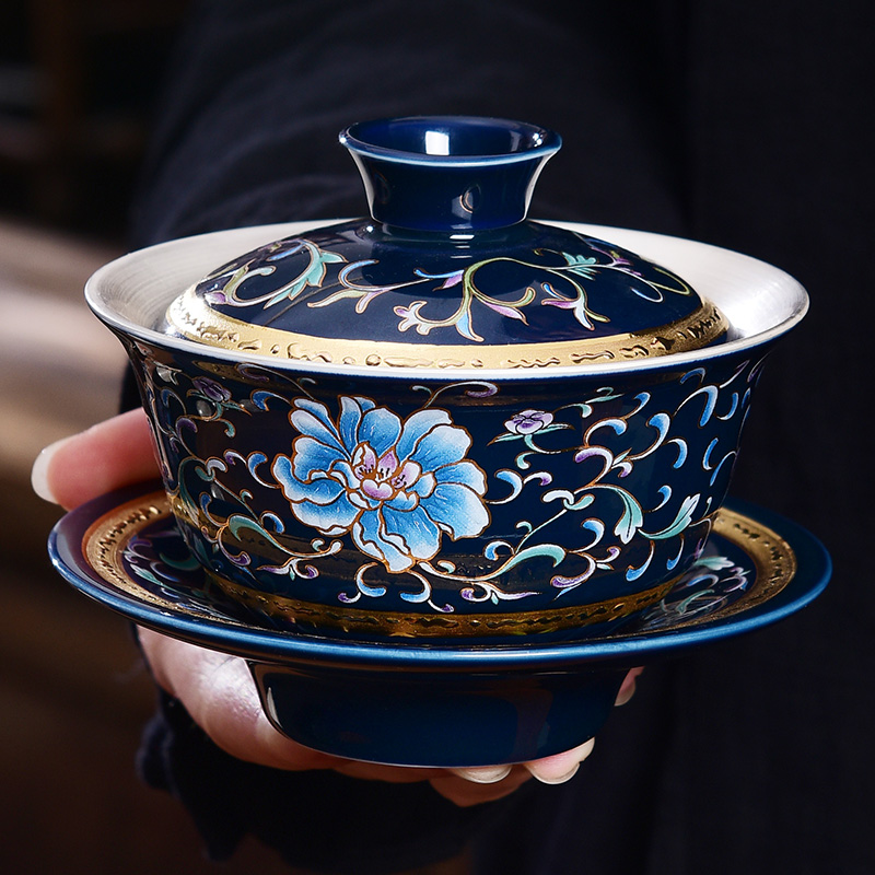 Jingdezhen blue and white porcelain ceramic coppering. As silver tureen sterling silver 999 kung fu tea set three tureen tea bowl hand grasp pot
