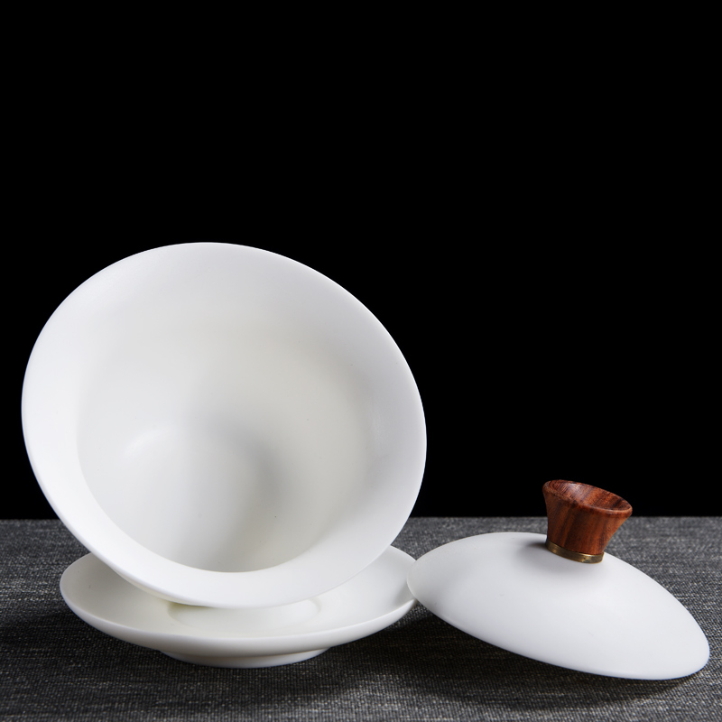 Dehua white porcelain ceramic checking tea tureen three cups to bowl bowl suet jade kung fu tea tea tureen
