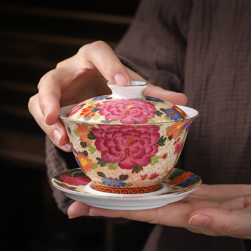 High - end colored enamel hot tureen jingdezhen kung fu tea tea not only three tureen tea cup in use to use