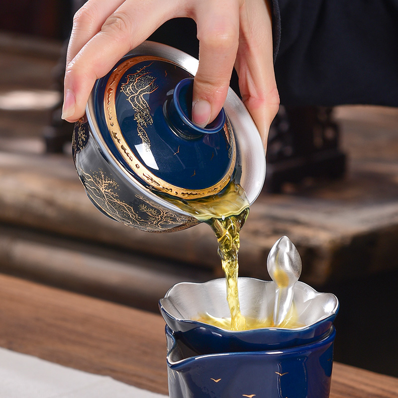 Jingdezhen porcelain enamel silver tureen sterling silver 999 kung fu tea tureen three cups to make tea to the bowl